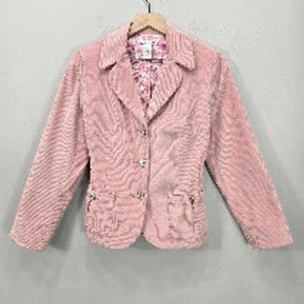 Vintage Y2K Corduroy Blazer Jacket S Pink Lace Up Embellished Barbie Feminine